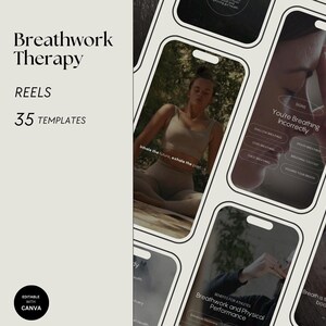 Könnte beinhalten: Eine Collage aus 35 Instagram-Story-Vorlagen für Atemtherapie. Die Vorlagen haben ein Schwarz-Weiß-Farbschema mit Textüberlagerungen. Der Text enthält Sätze wie "Atemtherapie", "Reels", "35 Vorlagen", "Du atmest falsch", "Atem ist die Brücke zwischen deinem Körper und deinem Geist" und "Atemarbeit und körperliche Leistung".