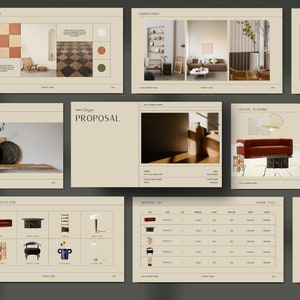 Propuesta de diseño de interiores, plantilla de diseño de interiores para diseñadores, presentación de diseño electrónico de planos de muebles, tablero de estado de ánimo, propuesta de cliente