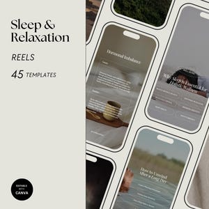 Pode incluir: Uma coleção de 45 modelos de mídia social personalizáveis para Instagram Reels, com um design minimalista em um fundo bege e texto preto. Os modelos abordam temas relacionados ao sono e relaxamento, incluindo desequilíbrio hormonal, a importância do sono para o bem-estar holístico, como relaxar após um longo dia e os melhores materiais naturais para roupa de cama.
