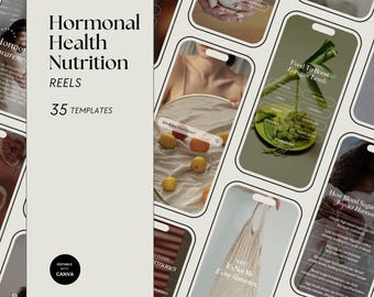 Può includere: Un set di 35 modelli di social media personalizzabili per Instagram Reels, con uno sfondo beige chiaro e un titolo che recita "Hormonal Health Nutrition Reels" e un sottotitolo che recita "35 Modelli". I modelli sono progettati per aiutare le persone a saperne di più sulla salute ormonale e la nutrizione. I modelli presentano una varietà di immagini, tra cui cibo, testo e grafica.