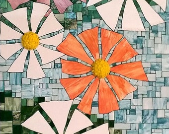 May include: A mosaic artwork featuring four stylized flowers with yellow centers. The flowers are pink, white, and orange and are set against a green and blue tiled background.