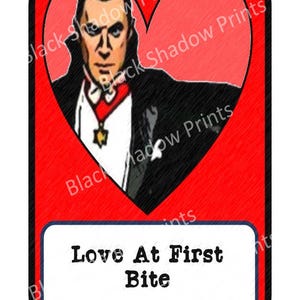 May include: A red heart with a cartoon vampire inside. The text "Love At First Bite" is below the heart.