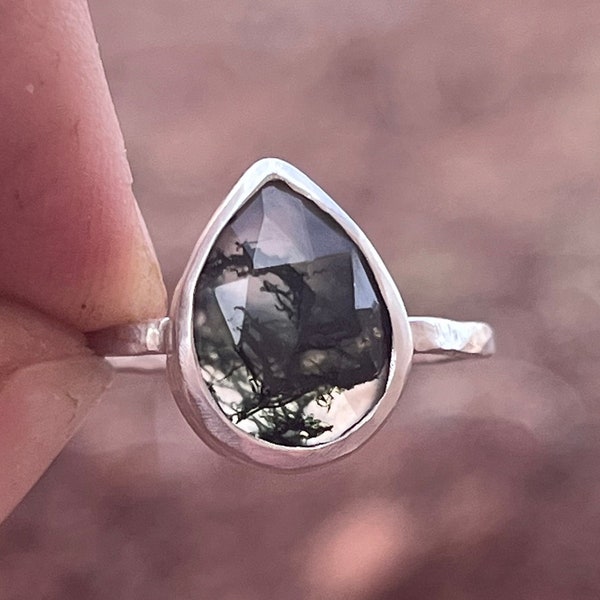 Size 8 Moss Agate Sterling Silver Ring Handmade Silversmith Boho Chic Green Clear Crystal Simple Pear Shaped Stacker