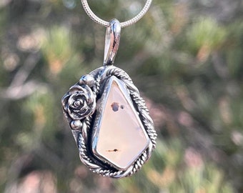 Montana Agate Sterling Silver Pendant Necklace: Rose Embellished