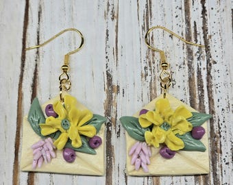Handmade Envelopes and Flowers polymer clay dangle earrings