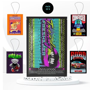 May include: A pack of 8 car air fresheners with various designs. The designs include a cartoon coffee cup, a teddy bear, a UFO, a car, and a pair of lips. The text on the packaging reads "Trendy Freshener".