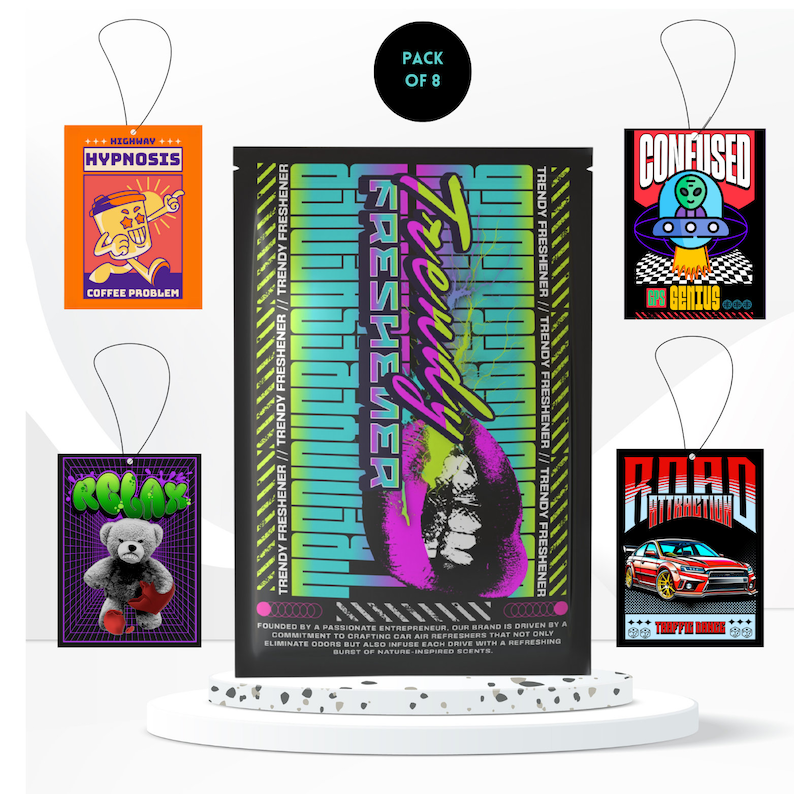 May include: A pack of 8 car air fresheners with various designs. The designs include a cartoon coffee cup, a teddy bear, a UFO, a car, and a pair of lips. The text on the packaging reads "Trendy Freshener".