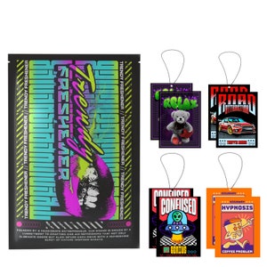 May include: A set of car air fresheners with various designs. The fresheners feature a variety of colors and graphics, including a teddy bear, a car, a spaceship, and a coffee cup. The text on the fresheners includes "Relax", "Road Attraction", "Confused", and "Hypnosis".