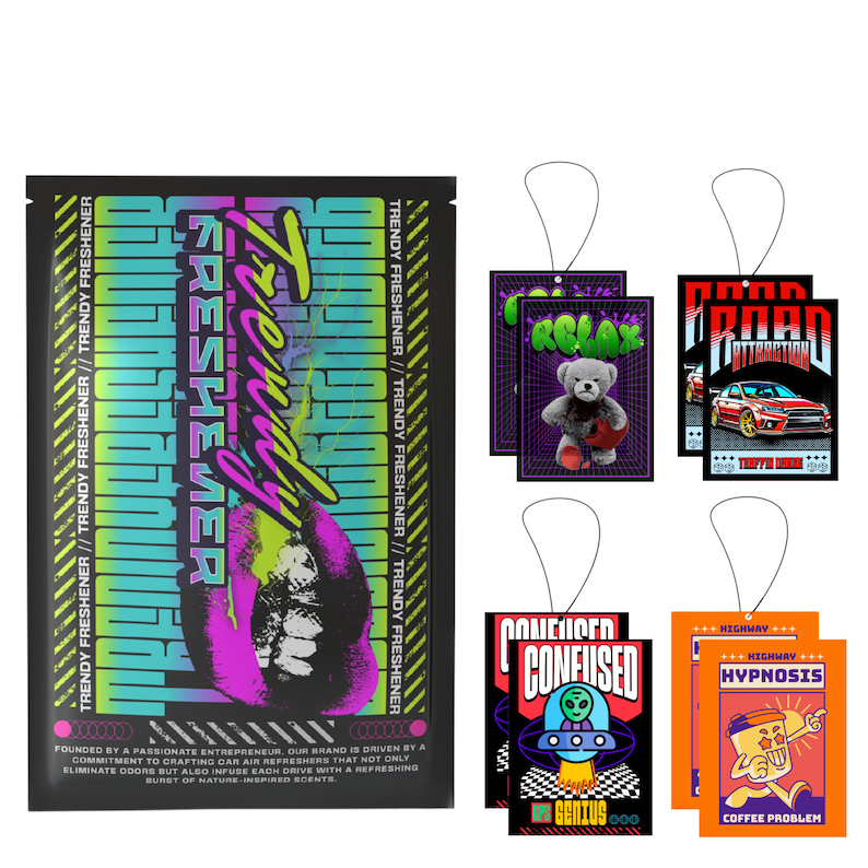 May include: A set of car air fresheners with various designs. The fresheners feature a variety of colors and graphics, including a teddy bear, a car, a spaceship, and a coffee cup. The text on the fresheners includes "Relax", "Road Attraction", "Confused", and "Hypnosis".