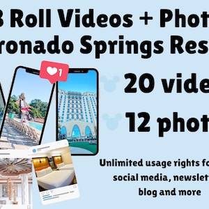 May include: A digital collection of 20 videos and 12 photos of Coronado Springs Resort. The image displays three smartphones showing resort exteriors and two social media posts featuring interior hotel rooms, with a heart icon and text.