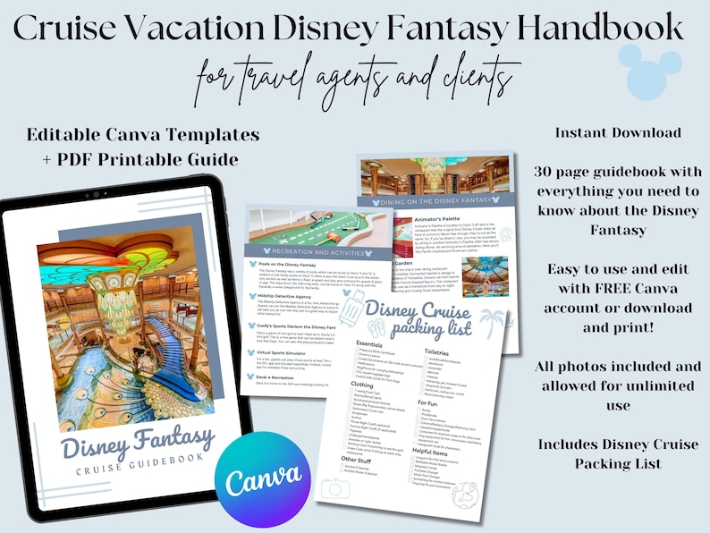 Fantasy Cruise Handbook, DCL guidebook, Travel Agent Cruise Canva Template and Downloadable PDF guide, Canva Cruise Guide, DCL packing list image 1