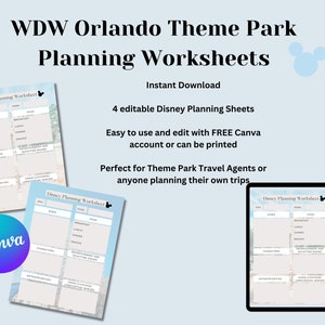 WDW Orlando Theme Park Vacation Planning Worksheet Travel Agent Canva Templates Editable Printable Downloads image 1