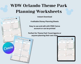 WDW Orlando Theme Park Vacation Planning Worksheet Travel Agent Canva Templates Editable Printable Downloads