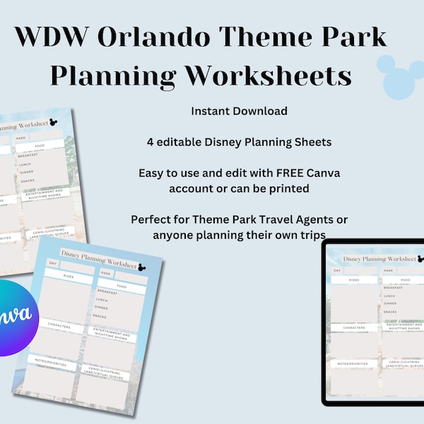 WDW Orlando Theme Park Vacation Planning Worksheet Travel Agent Canva Templates Editable Printable Downloads