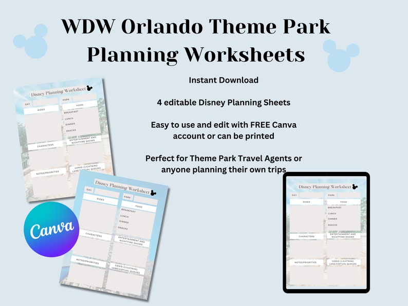 WDW Orlando Theme Park Vacation Planning Worksheet Travel Agent Canva Templates Editable Printable Downloads image 1