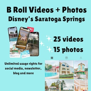 May include: A digital collection of 25 videos and 15 photos of Disney's Saratoga Springs. The image features three smartphones displaying resort scenes, including a horse statue, a pool, and building exteriors, with text detailing usage rights.