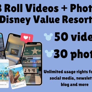 Może przedstawiać: Obraz promujący filmy i zdjęcia B Roll z Disney Value Resorts. Obraz przedstawia trzy smartfony wyświetlające filmy i zdjęcia, z tekstem wskazującym 50 filmów i 30 zdjęć. Tekst wspomina również o nieograniczonych prawach do użytkowania w mediach społecznościowych, newsletterach i blogach.