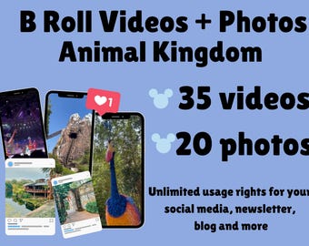 May include: Image promoting B Roll Videos and Photos from Animal Kingdom. The image shows three smartphones displaying videos and photos, with a heart icon. Text indicates 35 videos and 20 photos are available, with unlimited usage rights for social media.