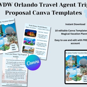 May include: A digital marketing graphic for a travel agent specialising in Disney World holidays. The graphic features images of Disney World attractions, including Cinderella's Castle, Spaceship Earth, and the Tree of Life. The text on the graphic reads "WDW Orlando Travel Agent Trip Proposal Canva Templates", "Instant Download", "10 editable Canva Templates for the Magical Vacation Planner", "Easy to use and edit with FREE Canva account", "The Jones Family Vacation Quotes", "What your Disney Trip Proposal Includes", "Resort Reservation and Theme Park Tickets", "Concierge Level Service", "www.yourwebsitehere.com", and "Canva".