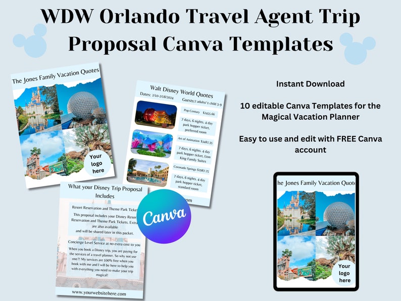 Travel Agent WDW Orlando Theme Park Vacation Trip Proposal Canva Templates Editable Downloads image 1