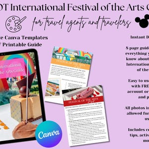 May include: A digital guide for the EPCOT International Festival of the Arts, featuring a tablet displaying the guide and printed pages. The guide includes tips, activities, and cover pages. The guide is available as an editable Canva template and PDF printable guide.