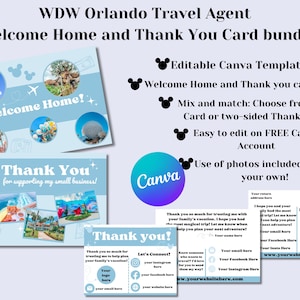WDW Orlando-reisbureau Welcome Home + bedankkaart BUNDEL, themaparkpostkaart, bewerkbare canvassjabloon, reisplanner