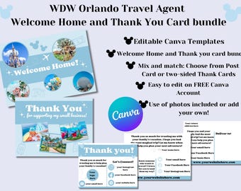 Paquete de tarjetas de agradecimiento para agentes de viajes de Orlando: plantilla editable de Canva