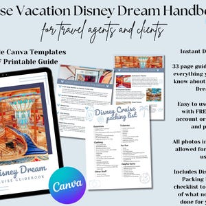 Dream Cruise Handbook, DCL guidebook, Travel Agent Cruise Canva Template and Downloadable PDF guide, Canva Cruise Guide, DCL packing list
