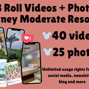 May include: A digital collection featuring 40 videos and 25 photos of Disney Moderate Resorts. The image displays smartphone screens showing resort scenes, including a gondola, a hotel room, and a pool, with text stating B Roll Videos + Photos.