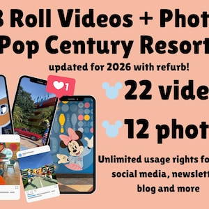 May include: A digital collection of 22 videos and 12 photos of Pop Century Resort, updated for 2026 with refurb. The graphic features smartphones displaying resort imagery, including a Minnie Mouse mural, with text and light blue icons.