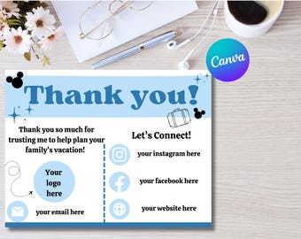 Tarjeta de agradecimiento para agente de viajes: Parque temático WDW, plantilla editable de Canva (descarga digital)