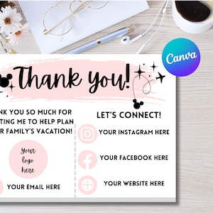Plantilla editable de Canva para tarjeta de agradecimiento para agente de viajes del parque temático WDW, agradecimiento para planificador de viajes