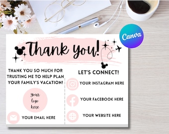 Tarjeta de agradecimiento para agente de viajes: Parque temático WDW, plantilla editable de Canva (PDF)