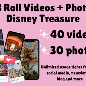 以下が含まれることがあります： ピンクの背景に「B Roll Videos + Photos Disney Treasure」、「40 videos」、「30 photos」、および「Unlimited usage rights for your social media, newsletter, blog and more」というテキストと、スマートフォンの画像が配置されたデジタルグラフィック。