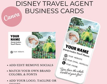 Plantilla de tarjeta de presentación para agente de viajes Disney: Cita de Disney. Horizontal y vertical. Digital e imprimible. Editable en Canva. 5 opciones.