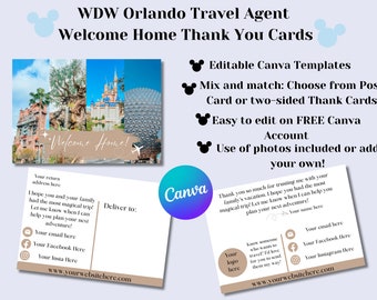 WDW Orlando Travel Agent Welcome Home Thank You Card, Theme Park Post Card, Editable Canva Template, Travel Planner