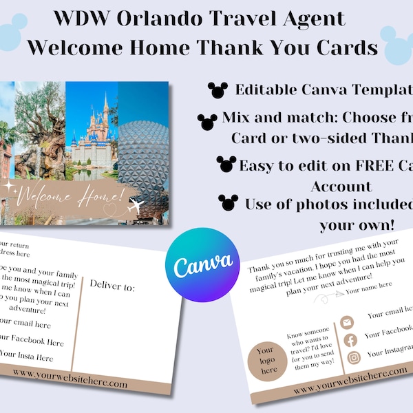 WDW Orlando Travel Agent Welcome Home Thank You Card, Theme Park Post Card, Editable Canva Template, Travel Planner