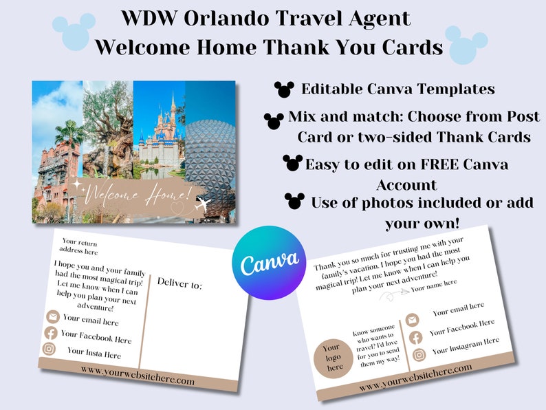 WDW Orlando Travel Agent Welcome Home Thank You Card, Theme Park Post Card, Editable Canva Template, Travel Planner image 1