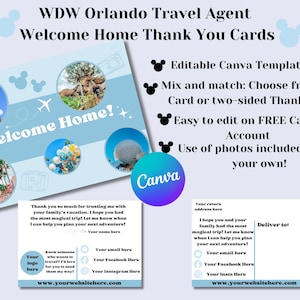 WDW Orlando-reisbureau Welcome Home-bedankkaart, themaparkpostkaart, bewerkbare canvassjabloon, reisplanner