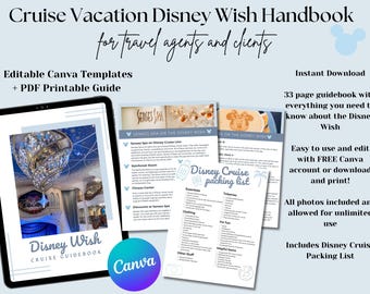 Manual de 33 páginas de Wish Cruise, guía de DCL, plantilla de Canva para cruceros de agentes de viajes y guía en PDF descargable, guía de cruceros de Canva, lista de empaque de DCL