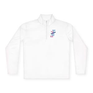 May include: White long-sleeved athletic shirt with a quarter-zip collar. The shirt features a small logo on the chest consisting of three stacked, stylized letter "I" shapes in pink, blue, and a darker blue.