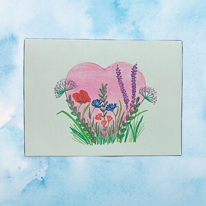 Handgemachte rosa Herz Grußkarte, lebendiges Wildblumen Aquarell Design, leere Innenseite für persönliche Nachrichten - Set von 10 Karten mit Umschlägen