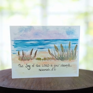 Inspirational Bible Verse Greeting Card Set of 10, Pretty Beach Scene Watercolor Art, Nehemiah 8:10, Christian Gift for Encouragement