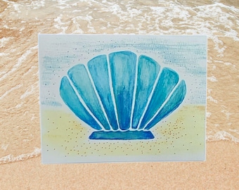 Lot de 10 cartes de voeux aquarelle moderne avec coquillages et coquilles Saint-Jacques : oeuvres d'art océaniques peintes à la main, intérieur vierge, modèle #147