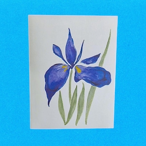 May include: A watercolor painting of a blue iris flower with yellow accents on a white card. The flower has six petals and is surrounded by green leaves. The card is set against a bright blue background.