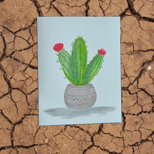 Grüner Kaktus und rote Blumen handgemachtes Aquarell Grußkarten-Set, South Western Briefpapier, leere Innenseite für Notizen, Geschenke und Dankeskarten.