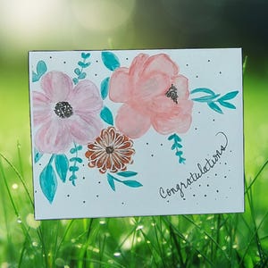 Elegante roze bloemen gefeliciteerd wenskaart, aquarelontwerp, blanco binnenkant voor persoonlijke berichten, set van 10 handgemaakt met enveloppen