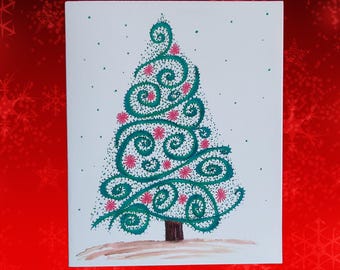 手描きクリスマスツリーグリーティングカード 10枚セット（封筒付き）：ホリデーノートカード、冬の文房具、デザイン＃130