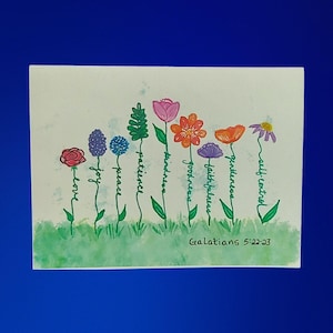 Cartões inspiradores com versículos bíblicos, flores silvestres em aquarela feitas à mão com frutos do espírito, presente cristão para fé e encorajamento
