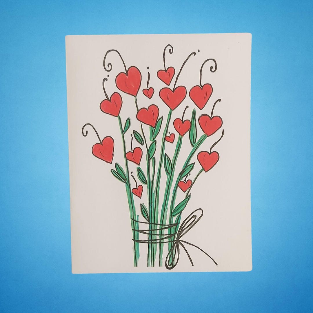 Handmade, Red Heart Flower Love Bouquet, Greeting Card Set of 10 With ...